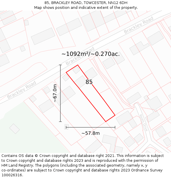 85, BRACKLEY ROAD, TOWCESTER, NN12 6DH: Plot and title map