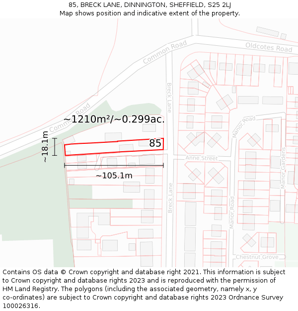 85, BRECK LANE, DINNINGTON, SHEFFIELD, S25 2LJ: Plot and title map