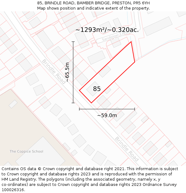 85, BRINDLE ROAD, BAMBER BRIDGE, PRESTON, PR5 6YH: Plot and title map