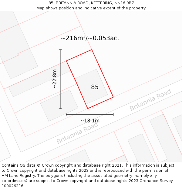 85, BRITANNIA ROAD, KETTERING, NN16 9RZ: Plot and title map