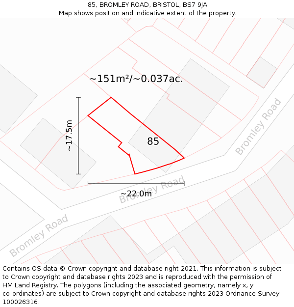 85, BROMLEY ROAD, BRISTOL, BS7 9JA: Plot and title map