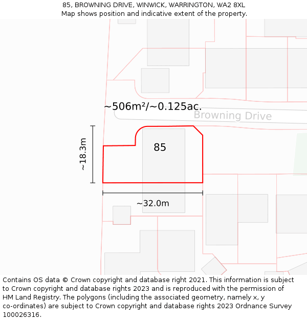 85, BROWNING DRIVE, WINWICK, WARRINGTON, WA2 8XL: Plot and title map