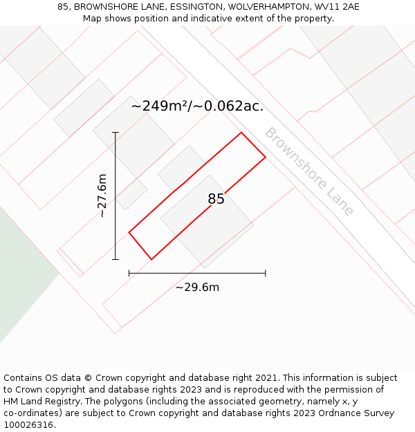 85, BROWNSHORE LANE, ESSINGTON, WOLVERHAMPTON, WV11 2AE: Plot and title map