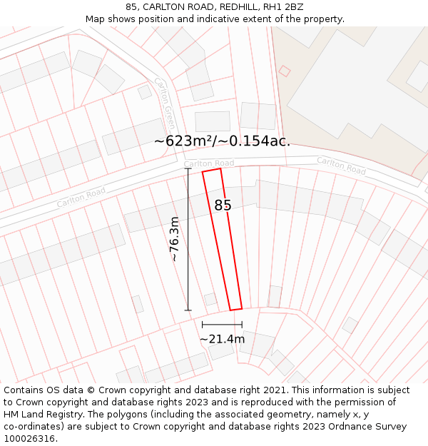 85, CARLTON ROAD, REDHILL, RH1 2BZ: Plot and title map