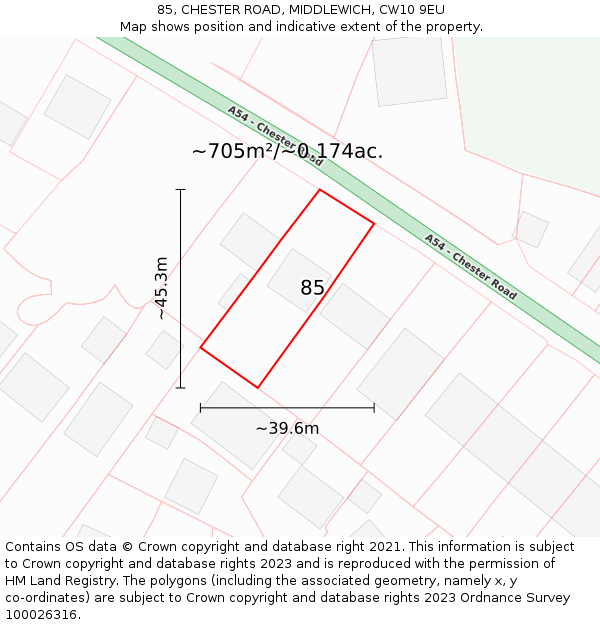 85, CHESTER ROAD, MIDDLEWICH, CW10 9EU: Plot and title map