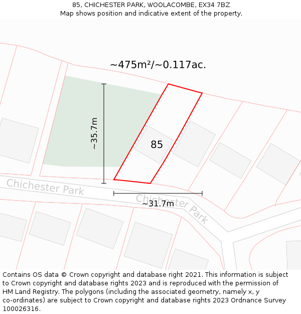 85, CHICHESTER PARK, WOOLACOMBE, EX34 7BZ: Plot and title map