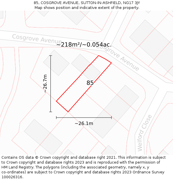 85, COSGROVE AVENUE, SUTTON-IN-ASHFIELD, NG17 3JY: Plot and title map