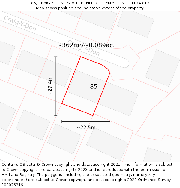 85, CRAIG Y DON ESTATE, BENLLECH, TYN-Y-GONGL, LL74 8TB: Plot and title map