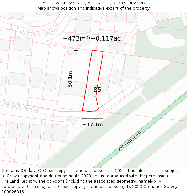 85, DERWENT AVENUE, ALLESTREE, DERBY, DE22 2DP: Plot and title map