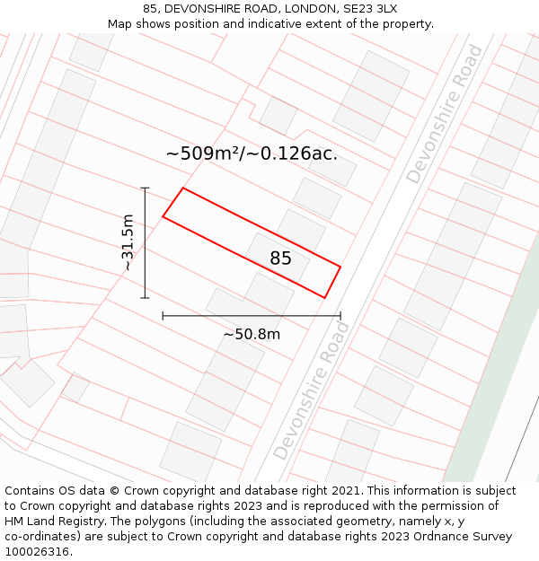 85, DEVONSHIRE ROAD, LONDON, SE23 3LX: Plot and title map