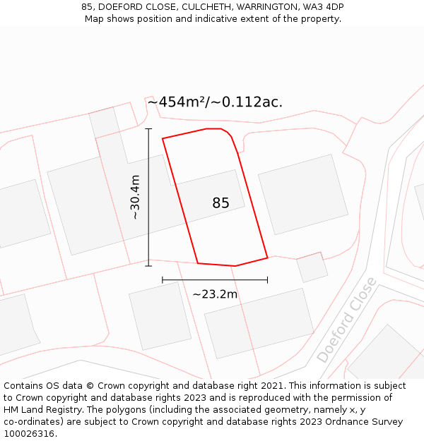 85, DOEFORD CLOSE, CULCHETH, WARRINGTON, WA3 4DP: Plot and title map