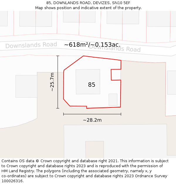 85, DOWNLANDS ROAD, DEVIZES, SN10 5EF: Plot and title map