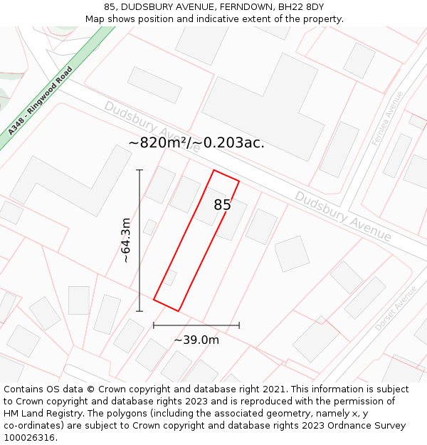 85, DUDSBURY AVENUE, FERNDOWN, BH22 8DY: Plot and title map