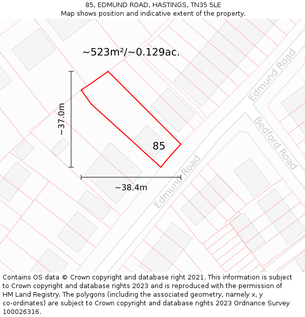 85, EDMUND ROAD, HASTINGS, TN35 5LE: Plot and title map