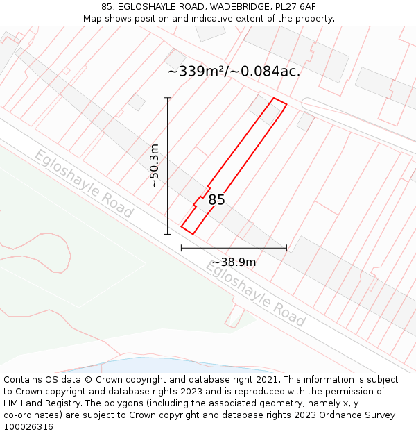 85, EGLOSHAYLE ROAD, WADEBRIDGE, PL27 6AF: Plot and title map