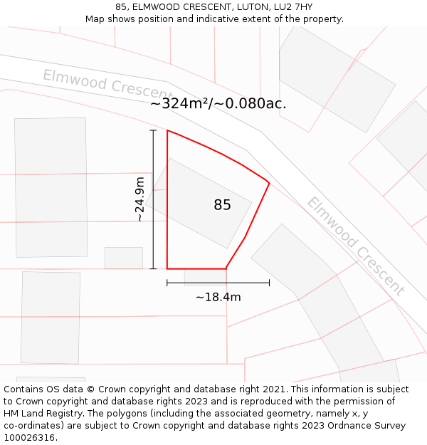 85, ELMWOOD CRESCENT, LUTON, LU2 7HY: Plot and title map