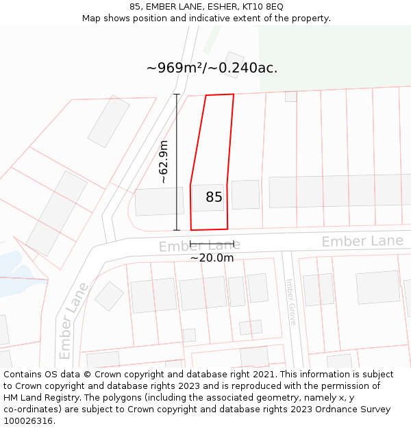 85, EMBER LANE, ESHER, KT10 8EQ: Plot and title map