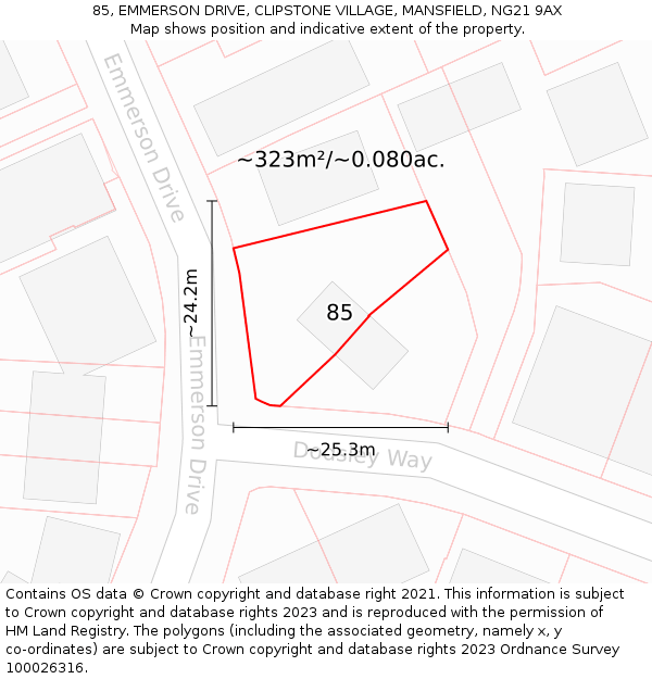 85, EMMERSON DRIVE, CLIPSTONE VILLAGE, MANSFIELD, NG21 9AX: Plot and title map