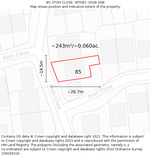 85, ETON CLOSE, WITNEY, OX28 3GB: Plot and title map