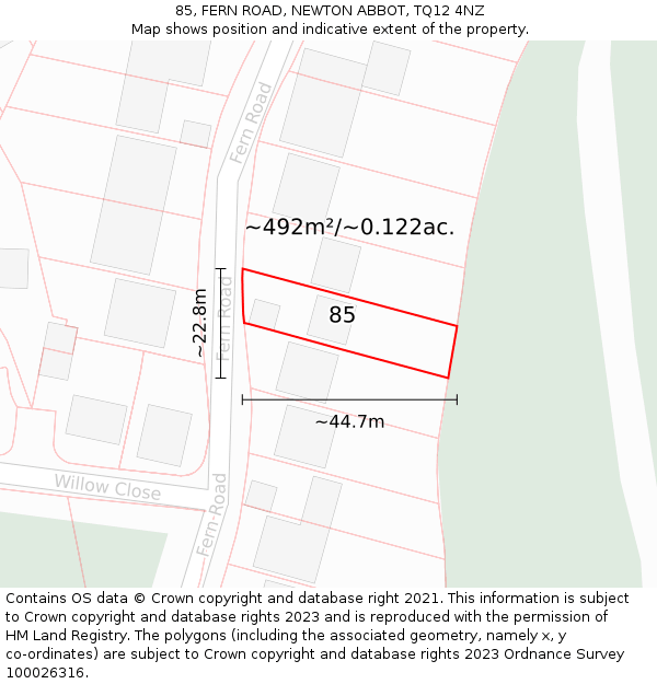 85, FERN ROAD, NEWTON ABBOT, TQ12 4NZ: Plot and title map