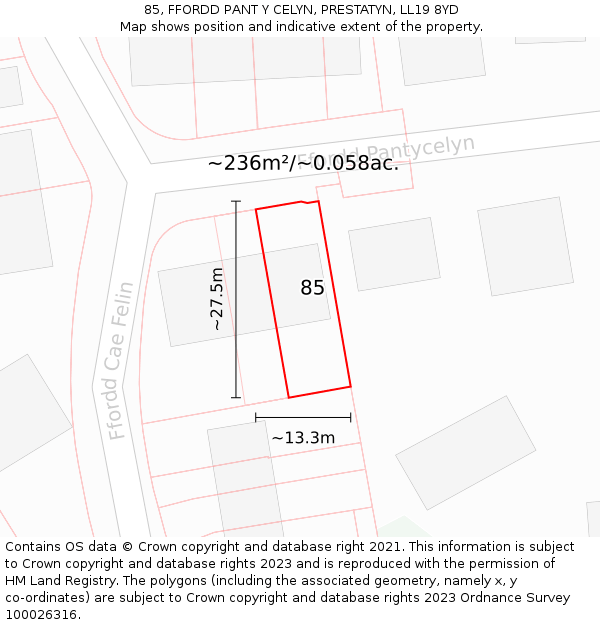 85, FFORDD PANT Y CELYN, PRESTATYN, LL19 8YD: Plot and title map