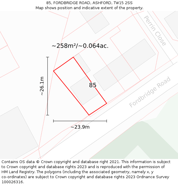 85, FORDBRIDGE ROAD, ASHFORD, TW15 2SS: Plot and title map