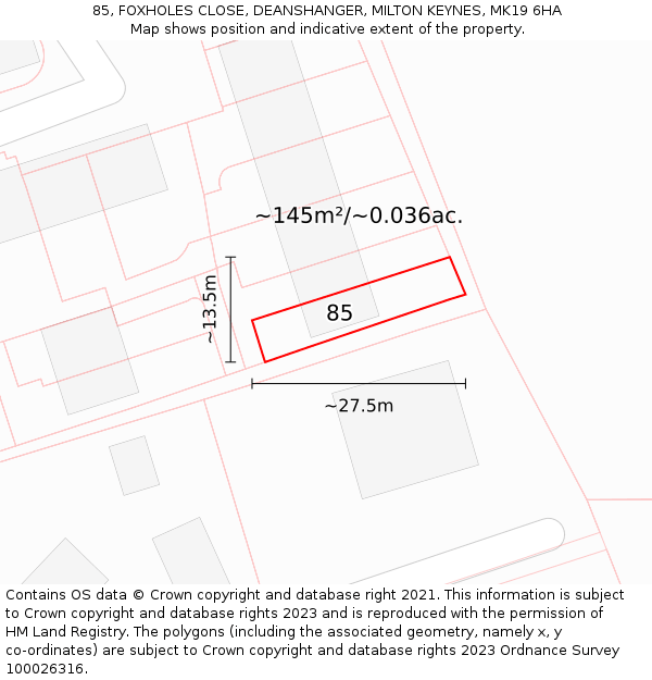 85, FOXHOLES CLOSE, DEANSHANGER, MILTON KEYNES, MK19 6HA: Plot and title map