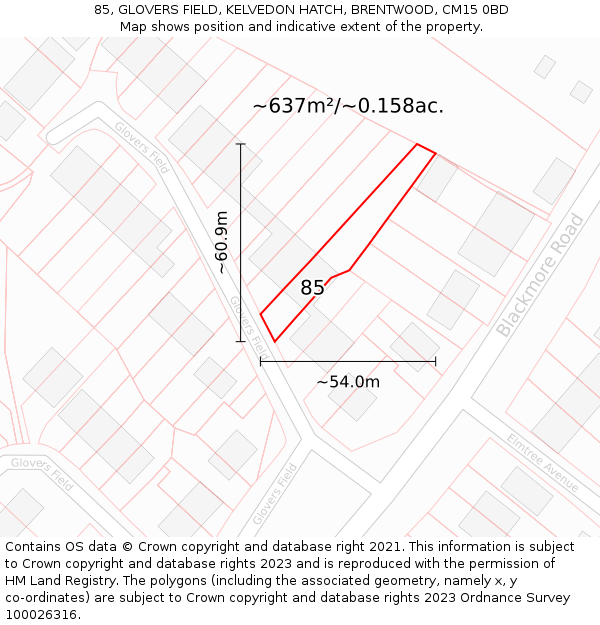 85, GLOVERS FIELD, KELVEDON HATCH, BRENTWOOD, CM15 0BD: Plot and title map