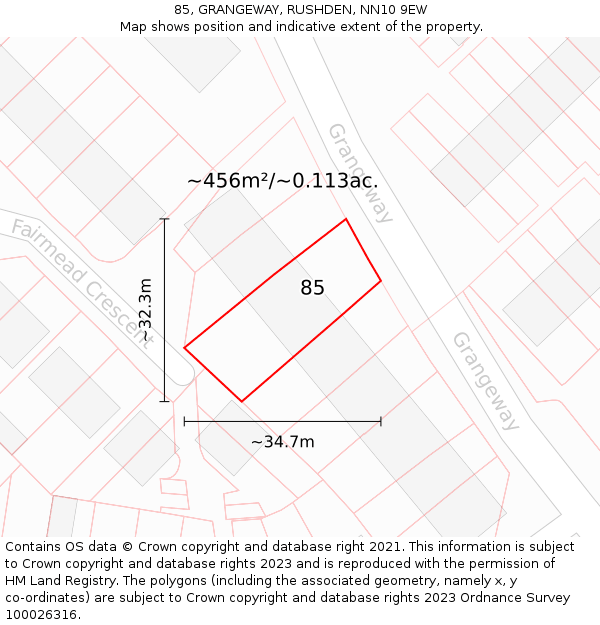 85, GRANGEWAY, RUSHDEN, NN10 9EW: Plot and title map