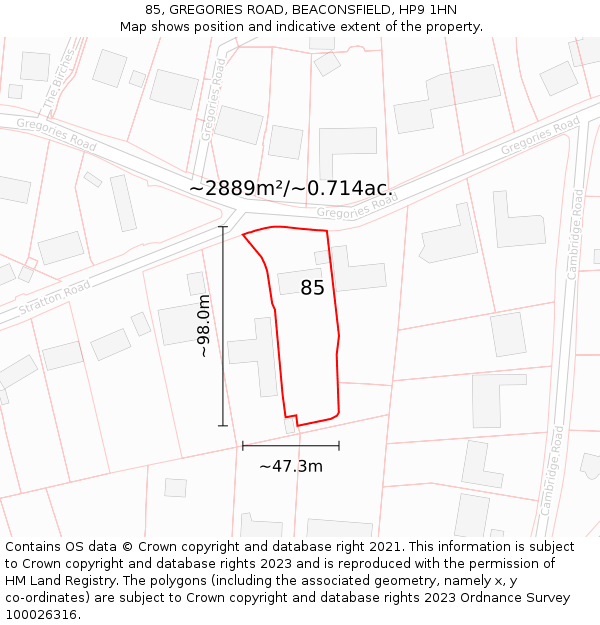 85, GREGORIES ROAD, BEACONSFIELD, HP9 1HN: Plot and title map