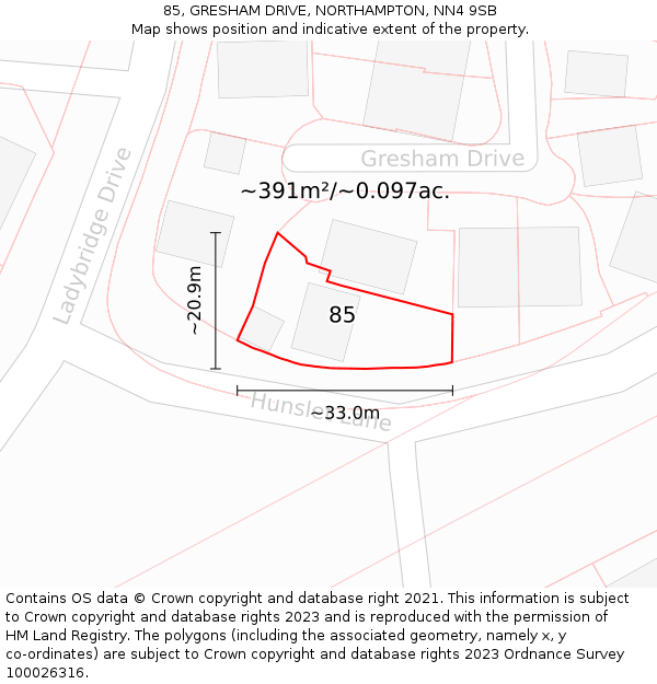 85, GRESHAM DRIVE, NORTHAMPTON, NN4 9SB: Plot and title map