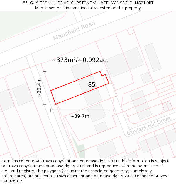 85, GUYLERS HILL DRIVE, CLIPSTONE VILLAGE, MANSFIELD, NG21 9RT: Plot and title map