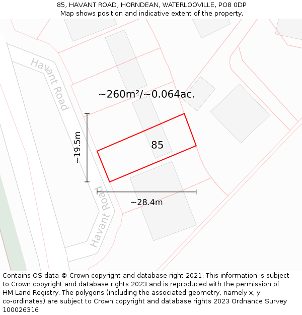 85, HAVANT ROAD, HORNDEAN, WATERLOOVILLE, PO8 0DP: Plot and title map