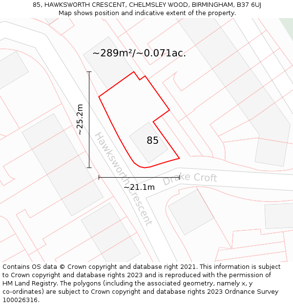 85, HAWKSWORTH CRESCENT, CHELMSLEY WOOD, BIRMINGHAM, B37 6UJ: Plot and title map