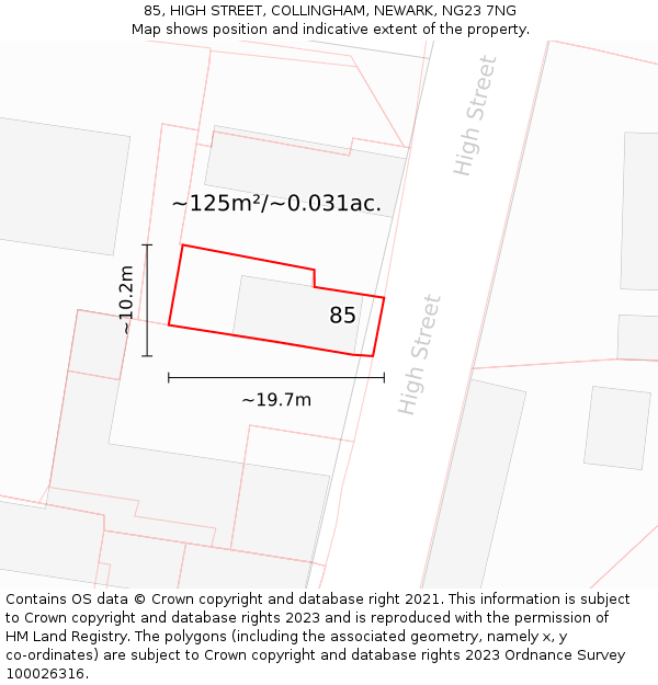 85, HIGH STREET, COLLINGHAM, NEWARK, NG23 7NG: Plot and title map