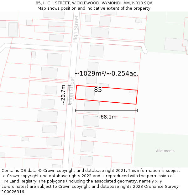 85, HIGH STREET, WICKLEWOOD, WYMONDHAM, NR18 9QA: Plot and title map