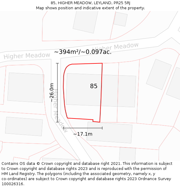 85, HIGHER MEADOW, LEYLAND, PR25 5RJ: Plot and title map