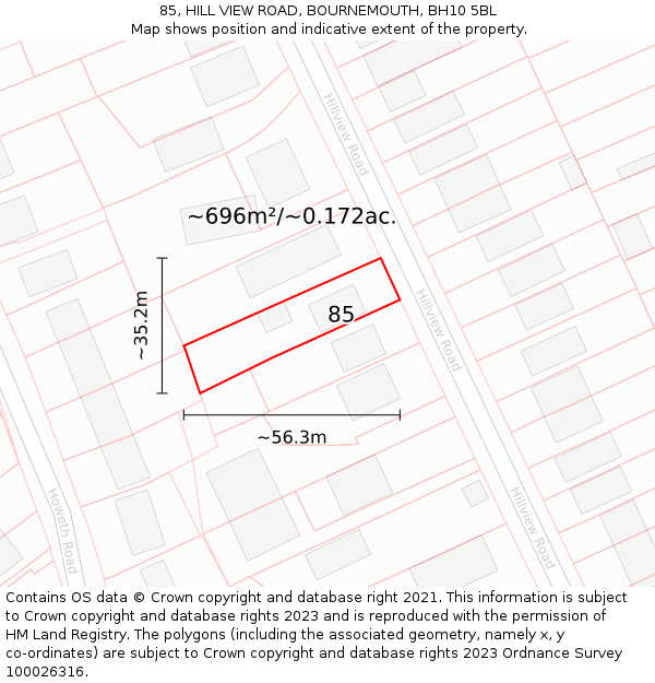 85, HILL VIEW ROAD, BOURNEMOUTH, BH10 5BL: Plot and title map