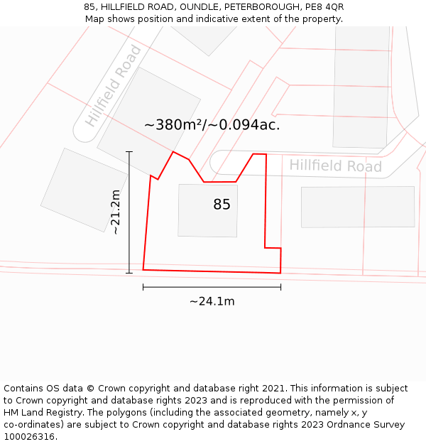 85, HILLFIELD ROAD, OUNDLE, PETERBOROUGH, PE8 4QR: Plot and title map