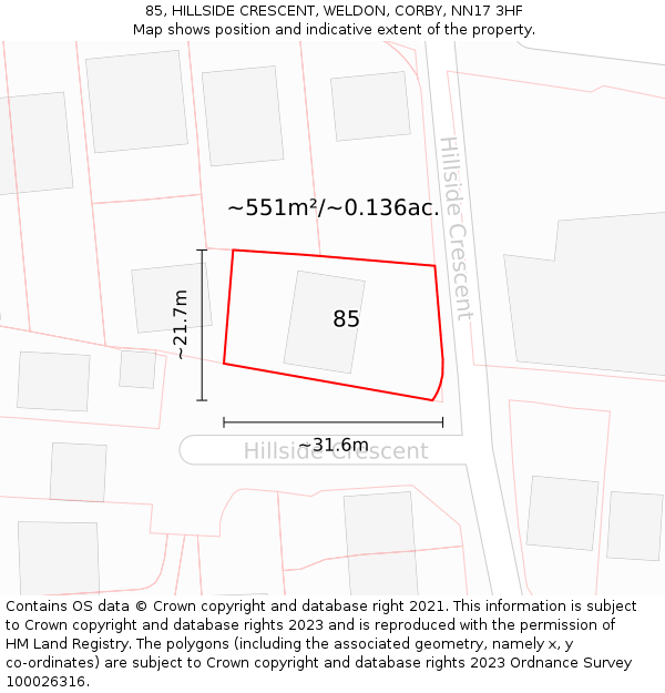 85, HILLSIDE CRESCENT, WELDON, CORBY, NN17 3HF: Plot and title map