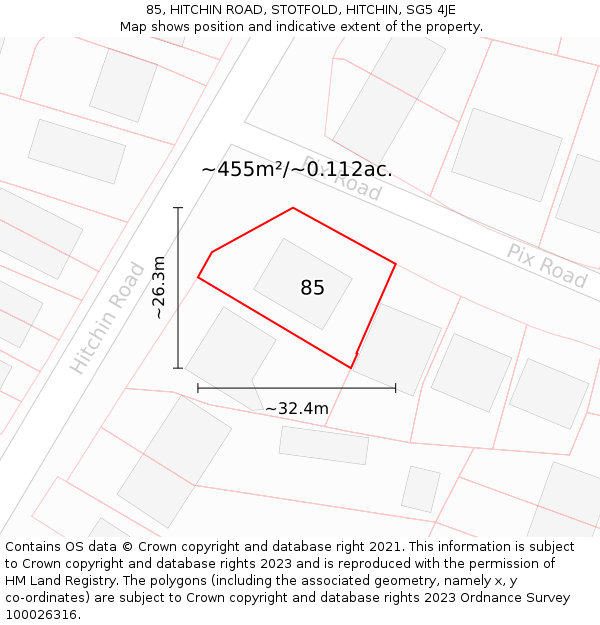 85, HITCHIN ROAD, STOTFOLD, HITCHIN, SG5 4JE: Plot and title map