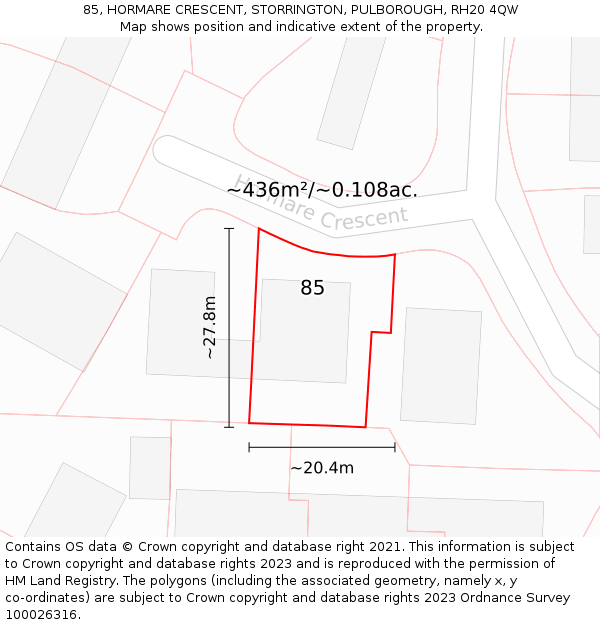 85, HORMARE CRESCENT, STORRINGTON, PULBOROUGH, RH20 4QW: Plot and title map