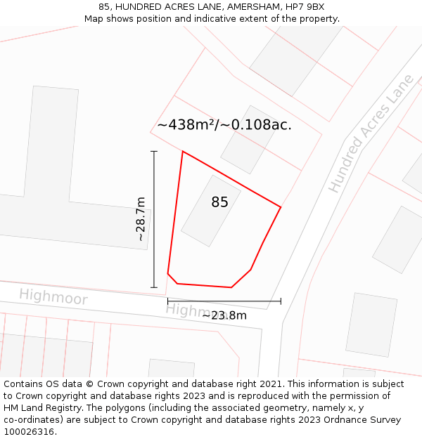 85, HUNDRED ACRES LANE, AMERSHAM, HP7 9BX: Plot and title map