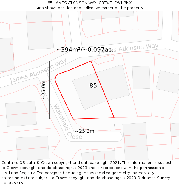 85, JAMES ATKINSON WAY, CREWE, CW1 3NX: Plot and title map