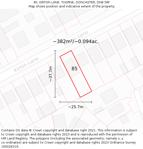 85, KIRTON LANE, THORNE, DONCASTER, DN8 5RF: Plot and title map