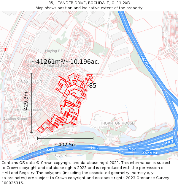 85, LEANDER DRIVE, ROCHDALE, OL11 2XD: Plot and title map