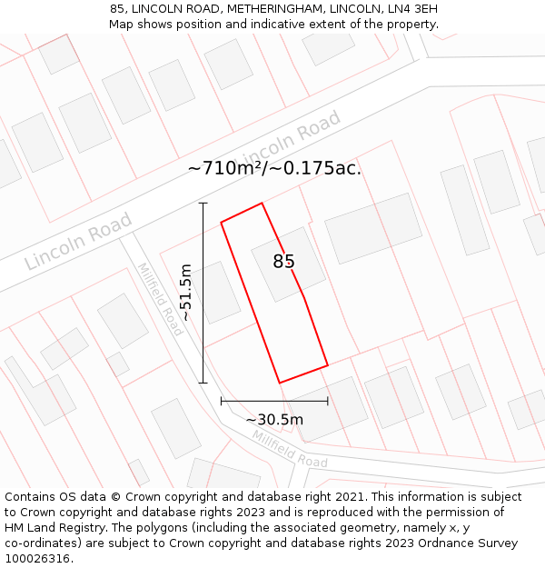 85, LINCOLN ROAD, METHERINGHAM, LINCOLN, LN4 3EH: Plot and title map