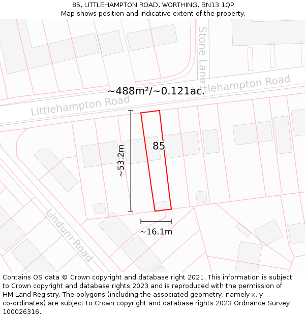 85, LITTLEHAMPTON ROAD, WORTHING, BN13 1QP: Plot and title map