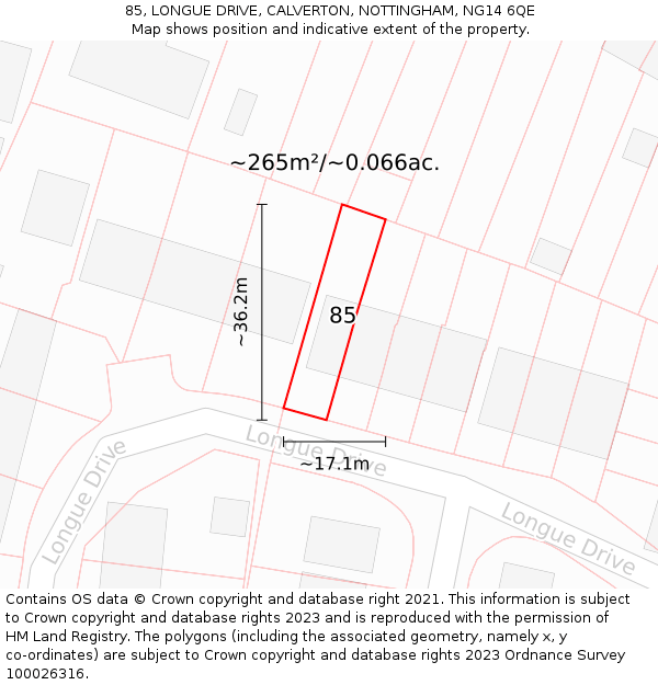 85, LONGUE DRIVE, CALVERTON, NOTTINGHAM, NG14 6QE: Plot and title map