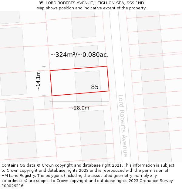 85, LORD ROBERTS AVENUE, LEIGH-ON-SEA, SS9 1ND: Plot and title map